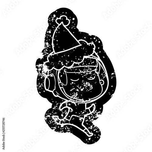 cartoon distressed icon of a confident astronaut wearing santa hat