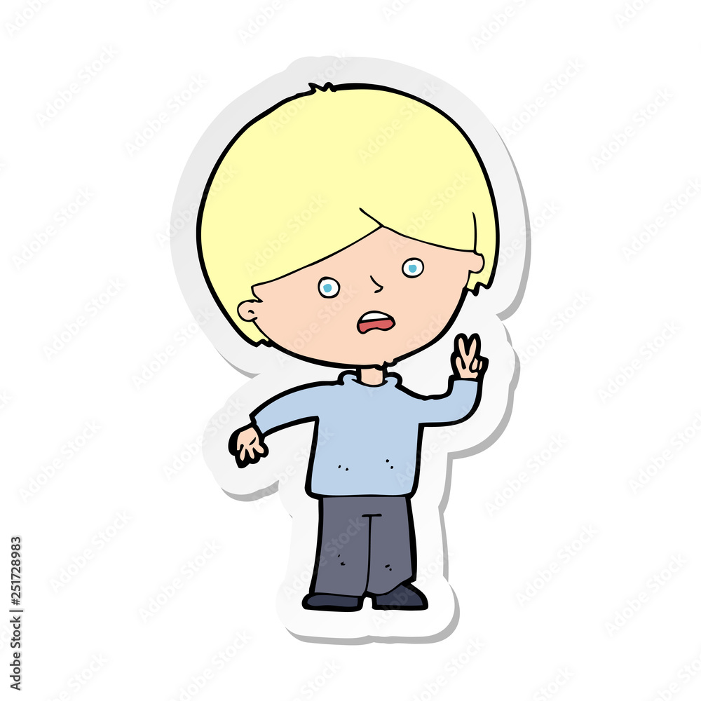sticker of a cartoon unhappy boy giving peace sign