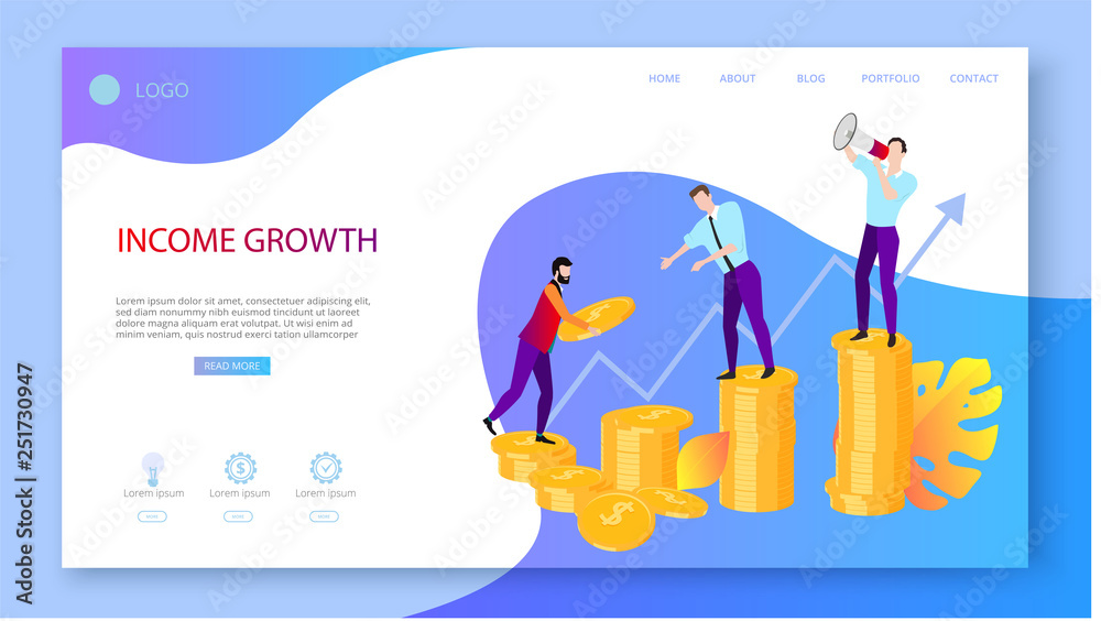 Income growth. Presentation, landing page or website template for business projects with people, money and arrow. Income growth. Presentation, landing page or website template for business projects with people, money and arrow.