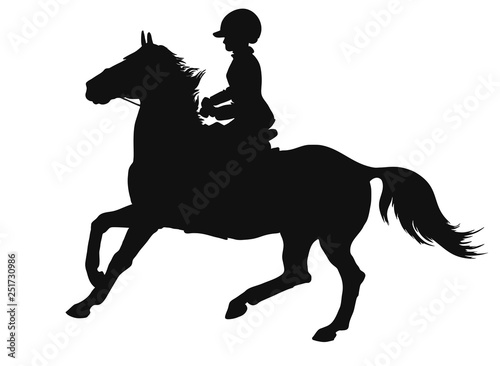 Silhouette of a young rider cantering on a sport pony.