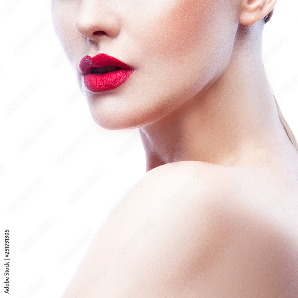 Part of face of young woman with perfect clean skin and bright make-up. Skincare facial treatment concept Part of face of young woman with perfect clean skin and bright make-up. Skincare facial treatment concept
