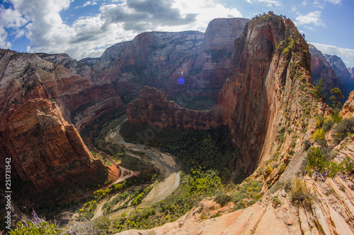 Angel's Landing, Zion National Park from Scout's Lookout - Wide Angle looking down to Big Bend. Cloudy Day, Diffuse light. Perspective Shot