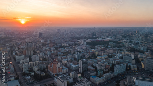 Aerial top view of Kiev city skyline on sunset from above  Kyiv center downtown cityscape in evening  capital of Ukraine