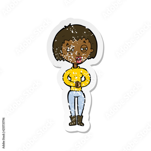 retro distressed sticker of a cartoon tired woman