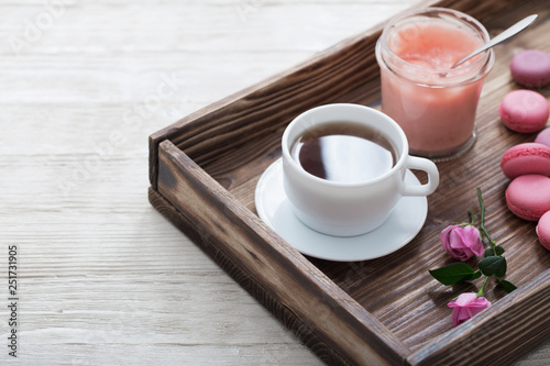 breakfast with coffee on wooden tray