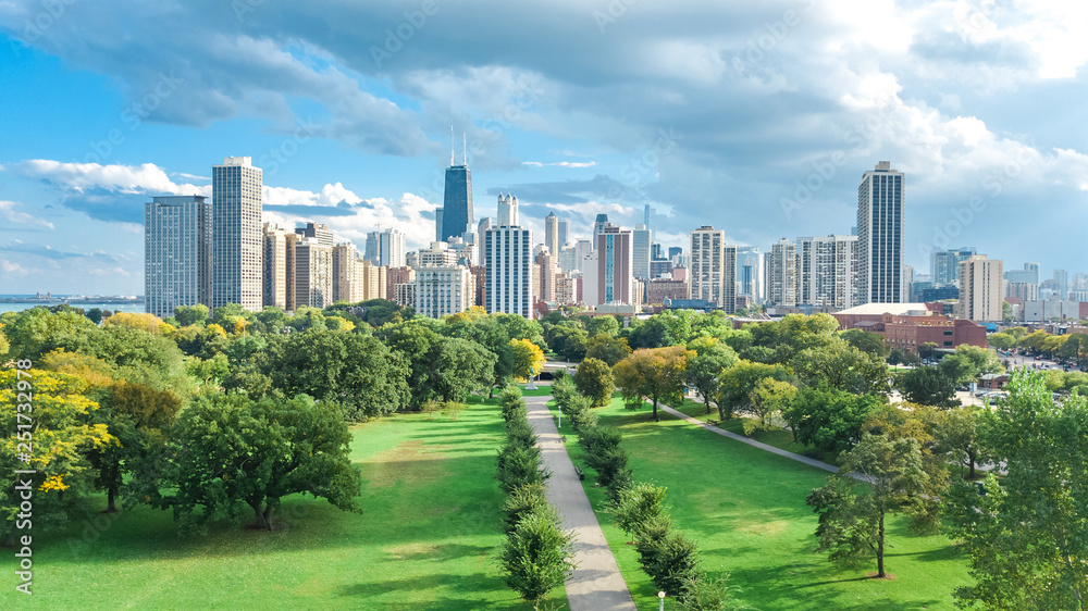 Chicago skyline aerial drone view from above, lake Michigan and city of Chicago downtown skyscrapers cityscape bird's view from Lincoln park, Illinois, USA