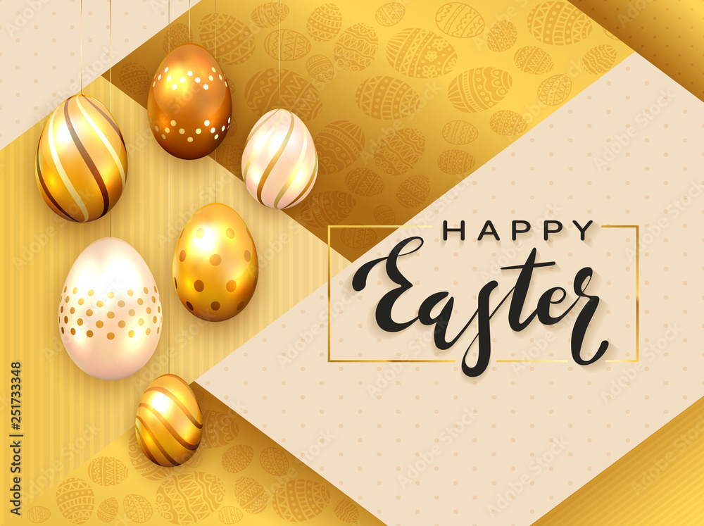Golden Easter Eggs and Lettering Happy Easter on Gold Background