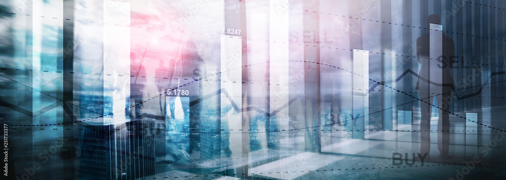 Financial stock trading graph chart diagram business finance concept double exposure mixed media. Financial stock trading graph chart diagram business finance concept double exposure mixed media.