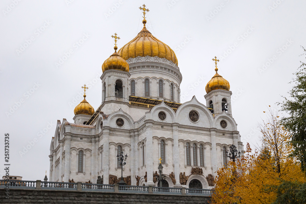 View of the Cathedral of Christ the Saviour in Moscow, Russia. Is a main Russian Orthodox church, a few hundred metres southwest of the Kremlin.