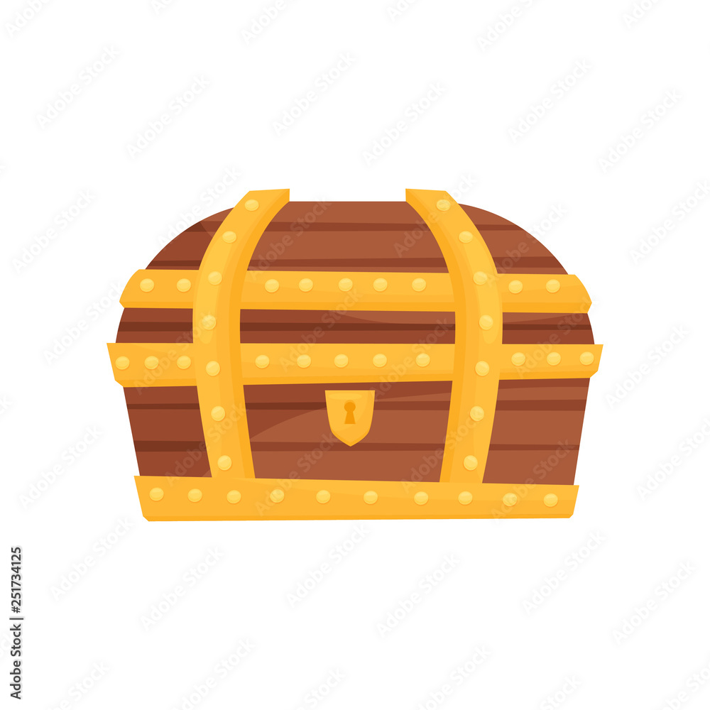 Flat vector icon of locked wooden chest with golden stripes and keyhole. Large trunk for storage treasures Flat vector icon of locked wooden chest with golden stripes and keyhole. Large trunk for storage treasures