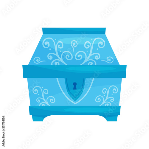 Flat vector icon of closed bright blue chest with ornaments. Small casket for jewelry. Storage box