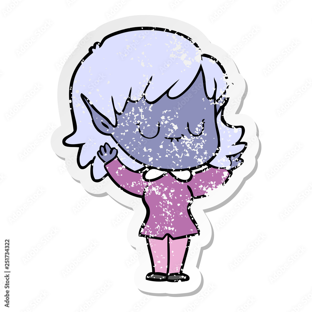distressed sticker of a happy cartoon elf girl distressed sticker of a happy cartoon elf girl
