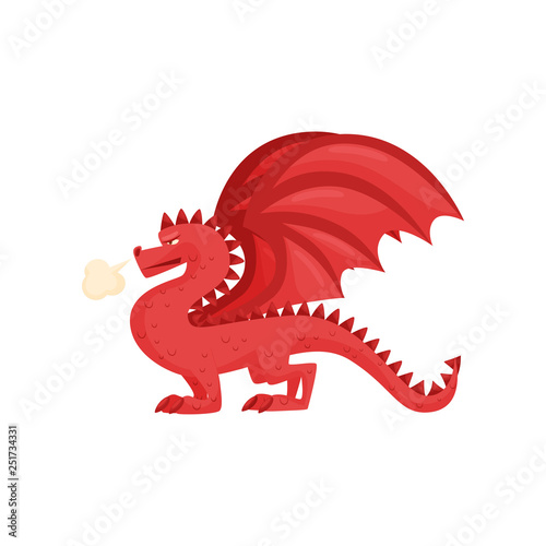 Fototapeta Naklejka Na Ścianę i Meble -  Red dragon with steam from the nose. Fantastic animal with large wings. Mythical creature. Flat vector design
