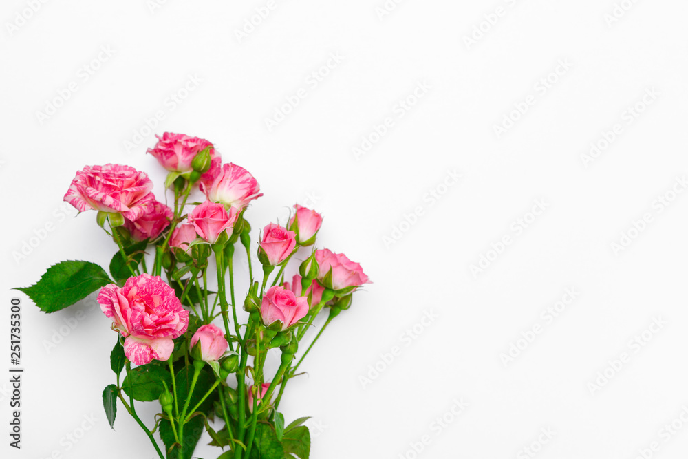 Little pink roses on white table. Gentle romantic background. Floral background