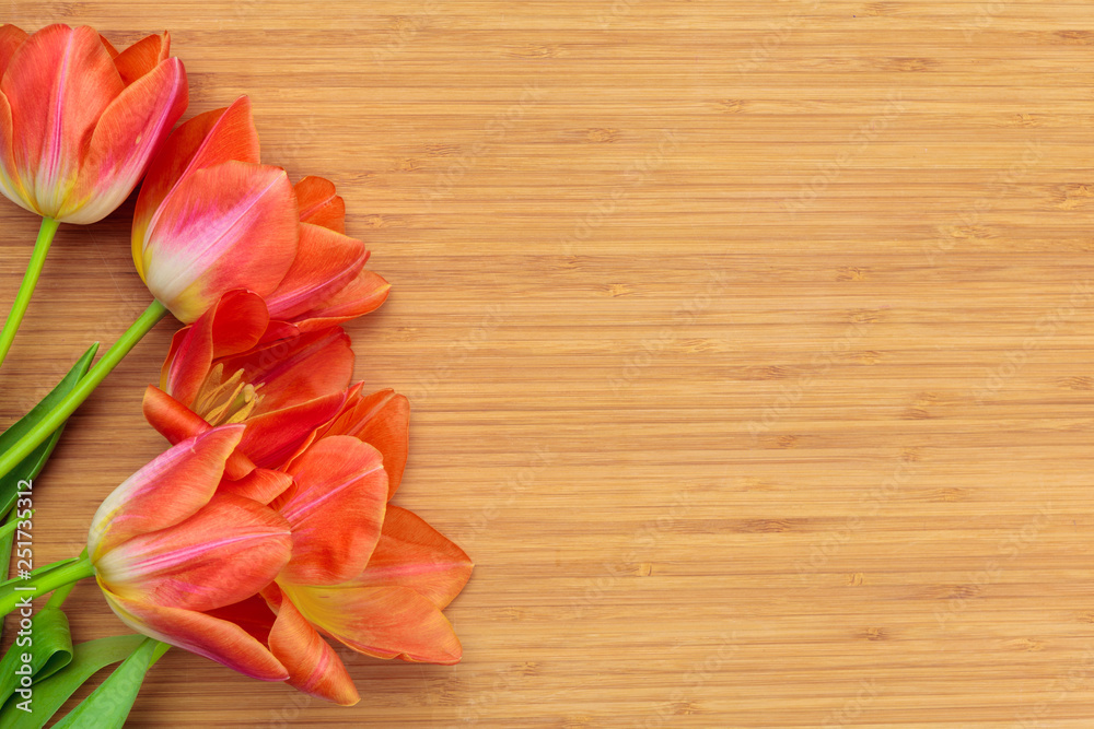 Womens day. Tulips bouquet on wooden planks background, copy space, top view