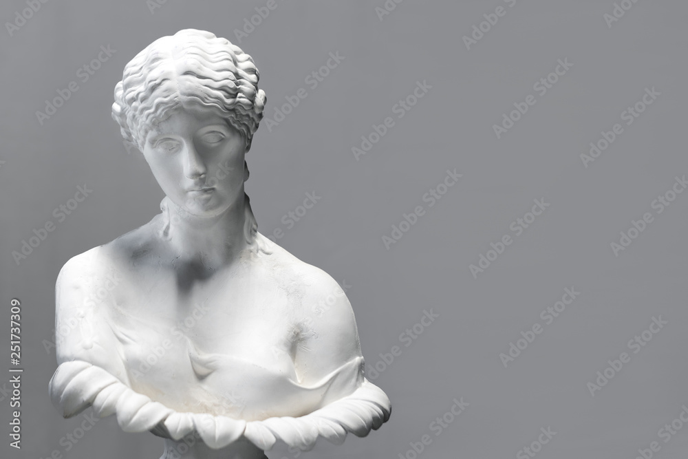 Replica Roman Bust of Antonia, noble young woman, daughter of Mark Antony. The original work is in the holdings of the British Museum in London. Studio shot on grey background with copyspace. Replica Roman Bust of Antonia, noble young woman, daughter of Mark Antony. The original work is in the holdings of the British Museum in London. Studio shot on grey background with copyspace.
