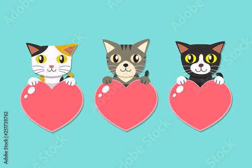 Set of cartoon cats with heart signs for design.