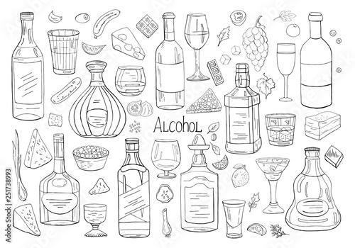 Vector hand drawn big set of alcohol elements isolated on white background, The most famous alcohol drinks outline