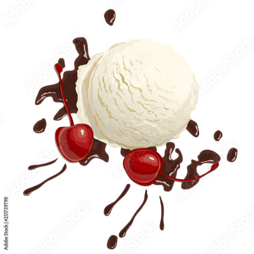 Vanilla ice cream with chocolate sauce and cherries white background, top view