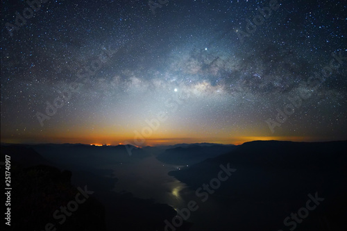 Landscape Milky Way rises over on mountain Pha Daeng Luang, Mae Ping National Park, Lamphun in Thailand.