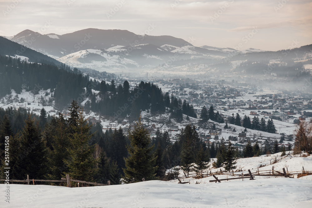 Verhovyna, Verhovyna village from above. Winter, Carpathian mountains lanscape, Ukraine