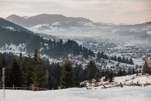 Verhovyna, Verhovyna village from above. Winter, Carpathian mountains lanscape, Ukraine