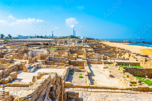 Ruins of ancient bathhouse at Caesarea in Israel photo