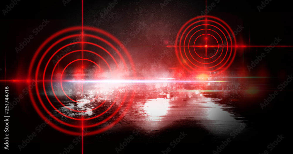 Abstract dark background with rays, laser red sight and neon light. Empty tunnel, room, basement night view of a dark room. Wet asphalt in the night city, reflection. Red neon and red laser sight. Neo Abstract dark background with rays, laser red sight and neon light. Empty tunnel, room, basement night view of a dark room. Wet asphalt in the night city, reflection. Red neon and red laser sight. Neo