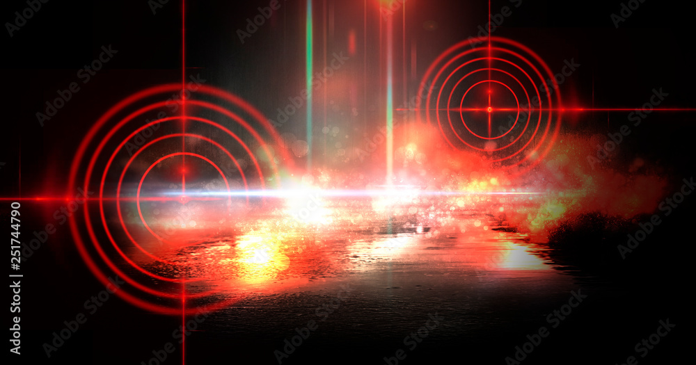 Abstract dark background with rays, laser red sight and neon light. Empty tunnel, room, basement night view of a dark room. Wet asphalt in the night city, reflection. Red neon and red laser sight. Neo Abstract dark background with rays, laser red sight and neon light. Empty tunnel, room, basement night view of a dark room. Wet asphalt in the night city, reflection. Red neon and red laser sight. Neo