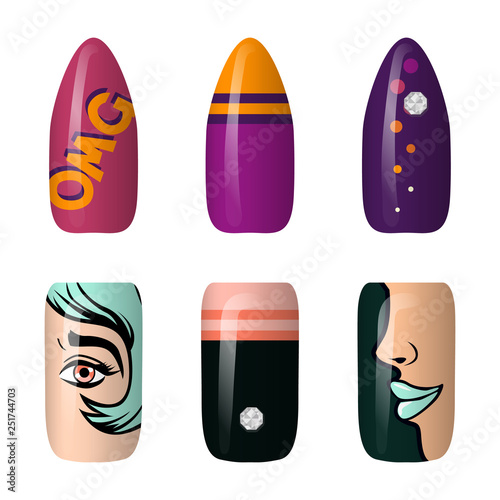 set of colored painted pop art nail stickers. Neon manicure art. nail polish. isolated on a dark background
