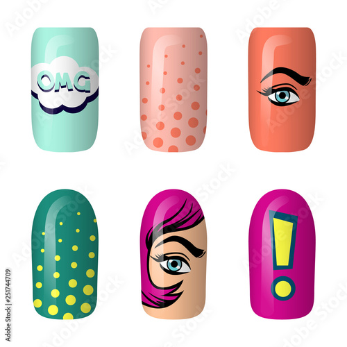set of colored painted pop art nail stickers. Neon manicure art. nail polish. isolated on a dark background