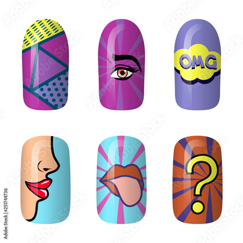 set of colored painted pop art nail stickers. Neon manicure art. nail polish. isolated on a dark background