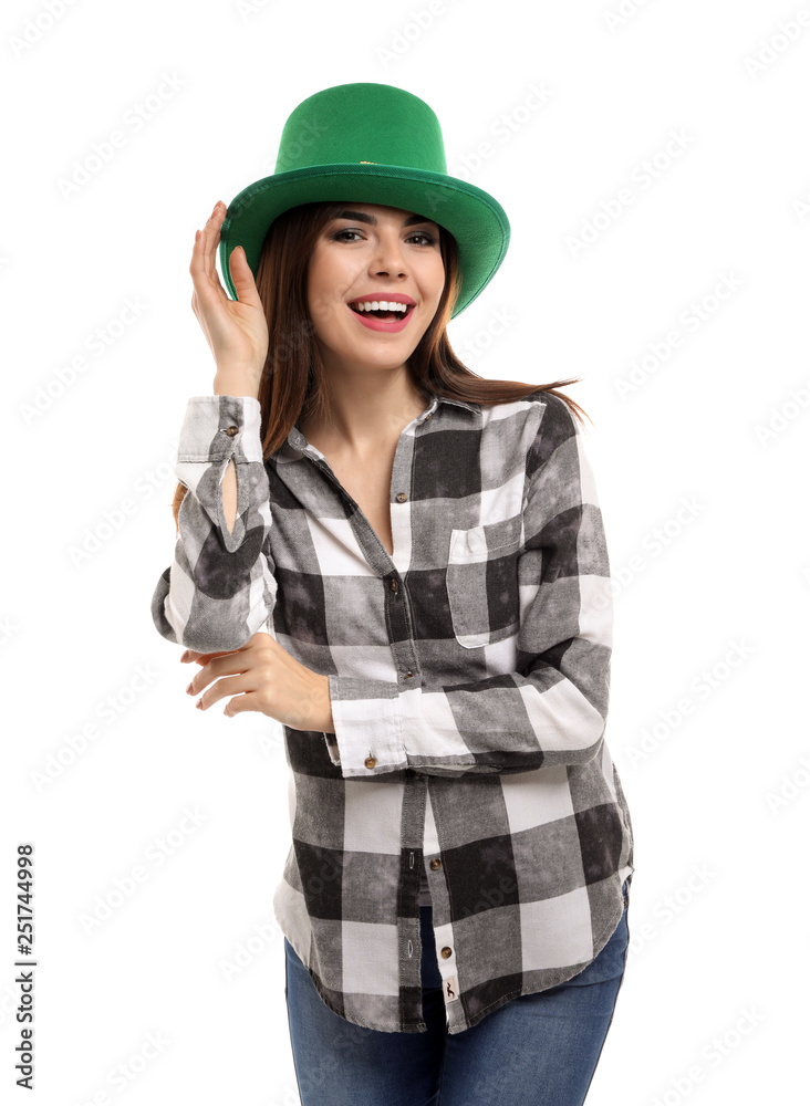 Beautiful young woman in green hat on white background. St. Patrick's Day celebration Beautiful young woman in green hat on white background. St. Patrick's Day celebration