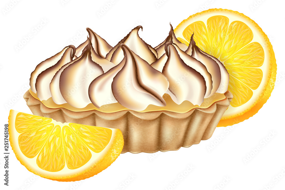 Lemon tart with toasted meringue and fresh lemon. Vector illustration. Lemon tart with toasted meringue and fresh lemon. Vector illustration.