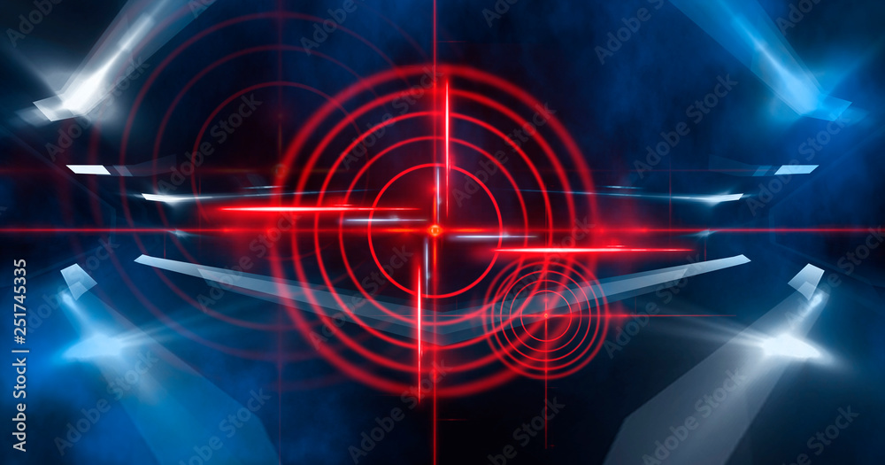 Abstract dark background with rays, laser red sight and neon light. Empty tunnel, room, basement night view of a dark room. Wet asphalt in the night city, reflection. Red neon and red laser sight. Neo
