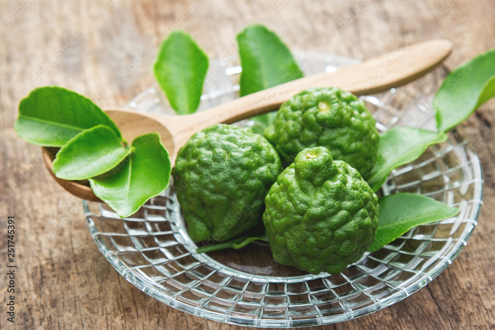 Bergamot fruit or kaffir on dish Bergamot fruit or kaffir on dish