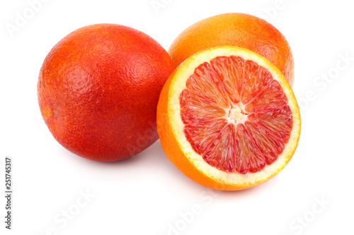 Red blood orange fruit with slices isolated on white background