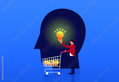 Businessman pushing a shopping cart to buy ideas and bulbs from the brain