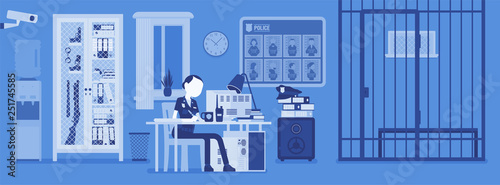 Police station office and policewoman working. Female officer sitting at workplace in city department, room interior with professional tools wanted poster. Vector illustration with faceless characters