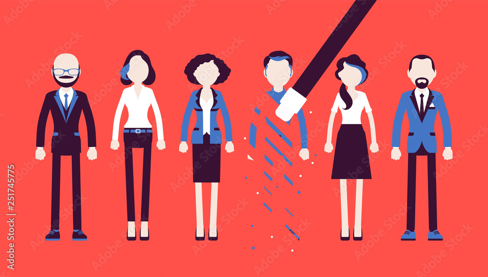 Person rubbed out and removed with eraser. Man obliterated from group of people, moved from business team, blocked in friends chat service, forbidden contacts. Vector illustration, faceless characters Person rubbed out and removed with eraser. Man obliterated from group of people, moved from business team, blocked in friends chat service, forbidden contacts. Vector illustration, faceless characters