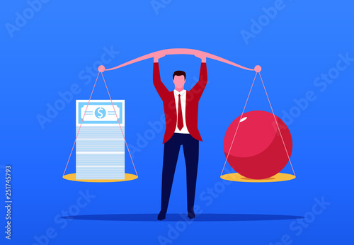 Businessman controls the balance between goods and value