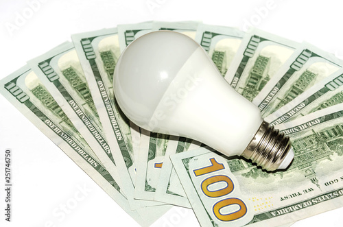 light bulb and dollars on white
