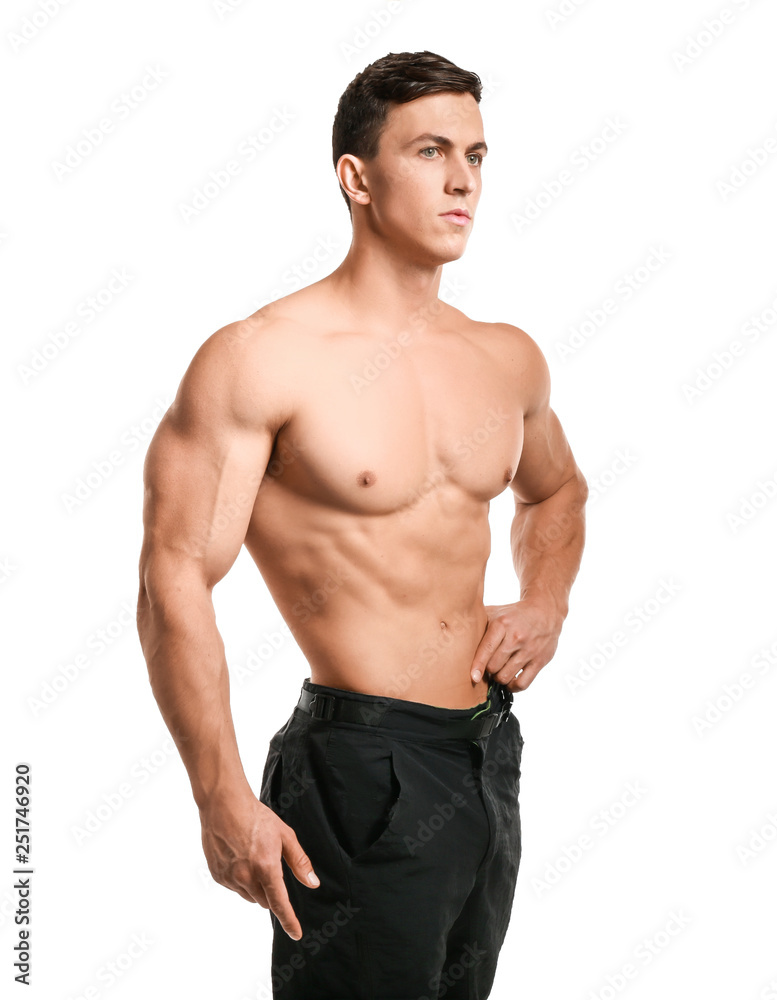 Muscular bodybuilder on white background