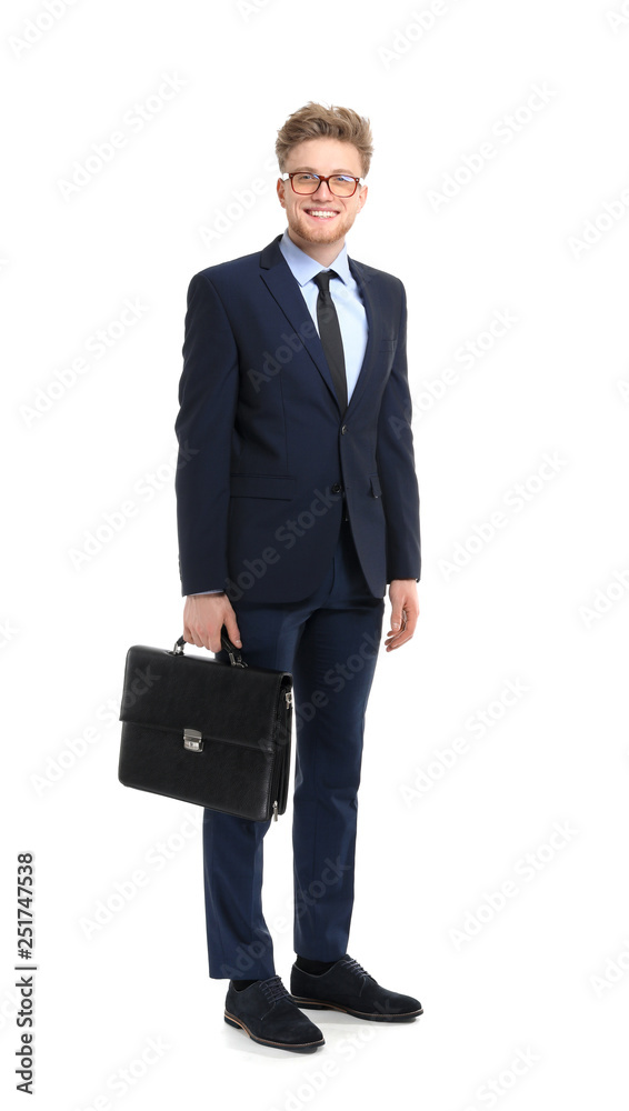 Handsome businessman with stylish briefcase on white background Handsome businessman with stylish briefcase on white background