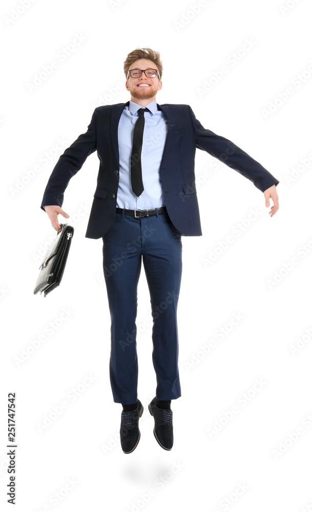 Jumping businessman with stylish briefcase on white background Jumping businessman with stylish briefcase on white background