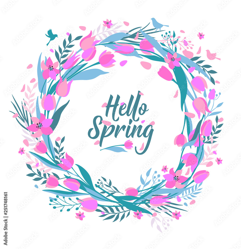 Vector seamless pattern of cute stylish tulips. Wreath illustration hello spring.