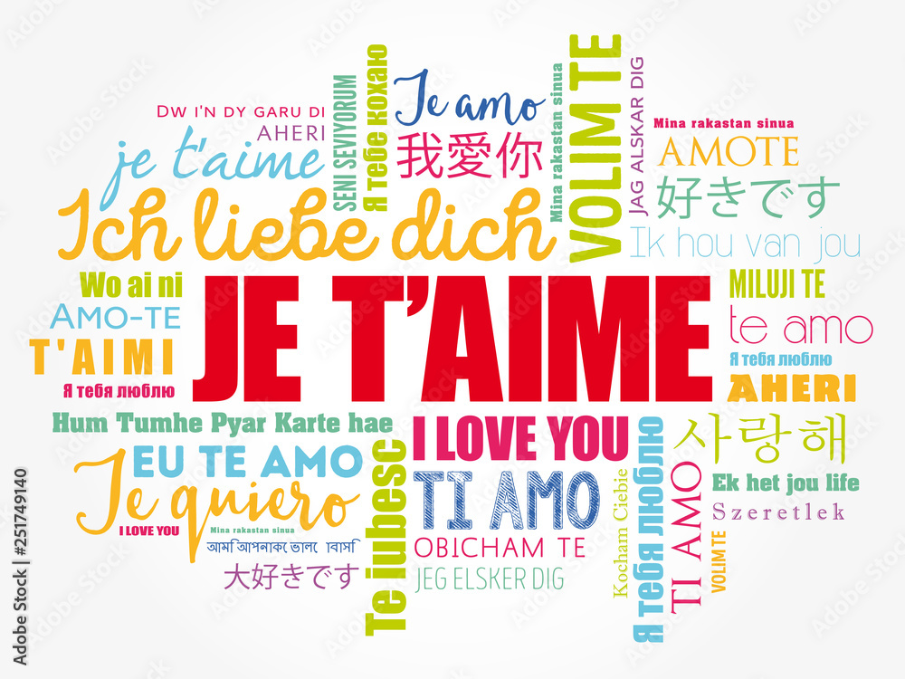 Je t’aime (I Love You in French) in different languages of the world, word cloud background
