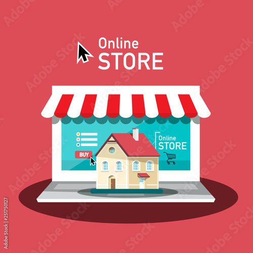 Online Store Vector Design with Laptop Computer and House. Internet Shopping Concept. Eshop Symbol. E-shop Icon.