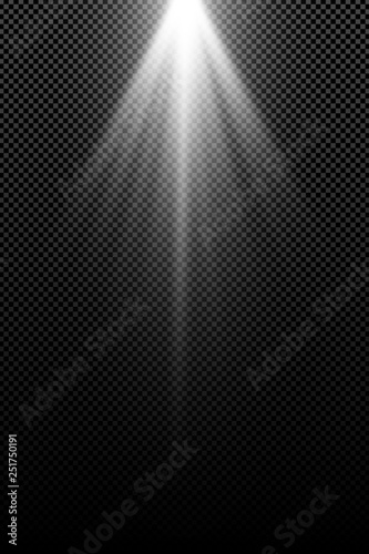 Stylish white light effect isolated on a transparent background. White rays. Lamp beams. Bright abstract light. Radiation from above. Vector illustration