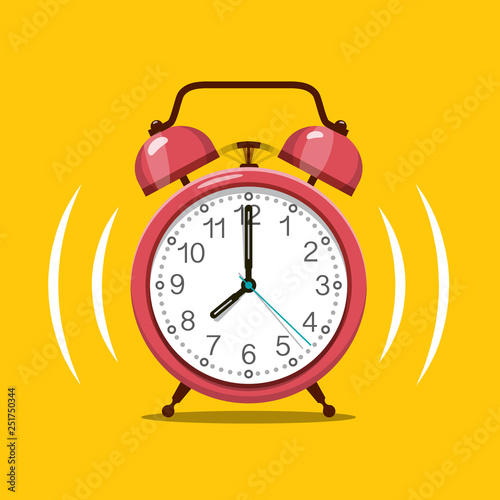 Ringing Red Alarm Clock Vector Symbol on Yellow Background. Analog Wake up Time Icon.